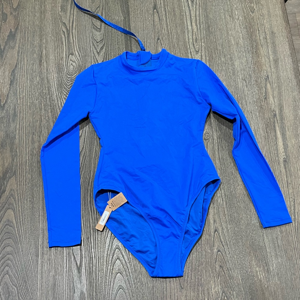 NWT Skims Swim Long Sleeve One Piece Crewneck Back Zipper Lined Cobalt Medium